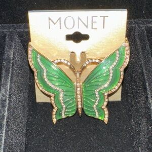 Vintage Monet Emerald Green Enamel and Gold Butterfly Brooch